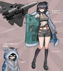 Rule 34 | 1girl, absurdres, aircraft, airplane, black hair, black socks, boots, breasts, closed mouth, coat, english text, fighter jet, full body, fur-trimmed coat, fur trim, hair ornament, highres, jet, looking at viewer, medium breasts, medium hair, military, military vehicle, missile, multiple views, navel, open clothes, open coat, open mouth, original, pandramodo, red eyes, socks, standing, su-57, teeth, twitter username, upper body