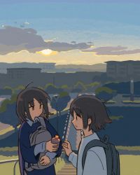 Rule 34 | 2girls, absurdres, ahoge, backpack, bag, blue sky, blue sweater, brown hair, building, cloud, collared shirt, commentary request, drink, highres, holding, holding drink, long sleeves, medium hair, muji (uimss), multiple girls, no pupils, no sclera, open mouth, original, outdoors, profile, shirt, short hair, sky, sunset, sweater, tree, upper body