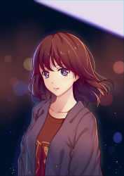 Rule 34 | 1girl, aira5, arms at sides, breasts, brown hair, brown shirt, collarbone, eyelashes, floating hair, highres, jacket, katou megumi, long hair, long sleeves, looking at viewer, mole, mole under eye, night, open clothes, open jacket, parted lips, purple eyes, saenai heroine no sodatekata, shirt, small breasts, solo, teeth, undershirt, upper body, upper teeth only, wind