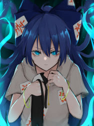 Rule 34 | &gt;:(, 1girl, absurdres, aqua eyes, bangle, black necktie, blue bow, blue fire, blue hair, bow, bracelet, closed mouth, drawstring, eyeliner, eyeshadow, fire, floating hair, frown, gold, grey hoodie, hair between eyes, hair bow, hands up, highres, hisha (kan moko), holding, holding clothes, hood, hoodie, jewelry, long hair, looking at viewer, makeup, necktie, ofuda, short sleeves, slit pupils, solo, sparks, tagme, touhou, very long hair, wide sleeves, yorigami shion