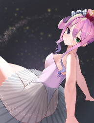 Rule 34 | 1girl, abstract background, absurdres, ass, athletic leotard, ballerina, bisco (bisco art), breasts, hair ornament, hat, heterochromia, highres, himemori luna, hololive, leotard, looking back, pink hair, purple leotard, sitting, small breasts, strapless, strapless leotard, thong leotard, tutu, virtual youtuber