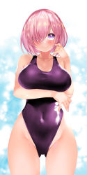 Rule 34 | 1girl, breasts, competition swimsuit, covered navel, fate/grand order, fate (series), hair over one eye, highleg, highleg swimsuit, highres, large breasts, light purple hair, looking at viewer, mash kyrielight, one-piece swimsuit, purple eyes, purple one-piece swimsuit, sabi1234, short hair, solo, swimsuit, thighs
