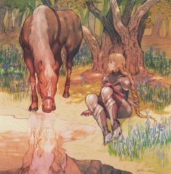 Rule 34 | 1girl, animal, armor, armored boots, blonde hair, boots, braid, breastplate, elf, fantasy, flower, forest, grass, highres, horse, kuroimori, nature, on ground, original, outdoors, pointy ears, reflection, shoulder armor, sitting, solo, tree, twin braids, water
