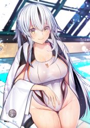 Rule 34 | 1girl, artist request, bad id, bad pixiv id, black hair, breasts, check artist, cleavage, collarbone, commentary request, competition swimsuit, covered navel, cowboy shot, crest, fate/grand order, fate (series), hair between eyes, indoors, jacket, jacket on shoulders, large breasts, long hair, looking at viewer, mairudo (mildcoffee1117), multicolored hair, nagao kagetora (fate), one-piece swimsuit, pool, rei no pool, silly (marinkomoe), smile, solo, streaked hair, swimsuit, thigh gap, towel, two-tone hair, very long hair, white hair, white jacket, white one-piece swimsuit, white towel, yellow eyes