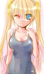 Rule 34 | 1girl, bare arms, blonde hair, blue eyes, breasts, cleavage, closed mouth, collarbone, facial mark, facing viewer, genderswap, genderswap (mtf), hand up, long hair, looking at viewer, lowres, mako (omega plus), medium breasts, naruko (naruto), naruto, naruto (series), one-piece swimsuit, one eye closed, sexy no jutsu, simple background, solo, standing, swimsuit, twintails, upper body, uzumaki naruto, whisker markings, whiskers, wink
