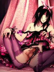Rule 34 | 1boy, androgynous, anus, bad anatomy, black eyes, black hair, bow, bulge, censored, crossdressing, earrings, erection, erection under clothes, hair bow, highres, jewelry, lace, lace-trimmed legwear, lace trim, lingerie, nipples, panties, pd-x, penis, sitting, solo, strap slip, testicles, thighhighs, underwear