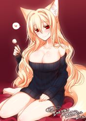 Rule 34 | 1girl, animal ears, bare legs, barefoot, black sweater, blonde hair, blush, breasts, cleavage, closed mouth, dated, fox ears, fox tail, hair between eyes, hair intakes, head tilt, heart, konshin, lap pillow invitation, large breasts, long hair, long sleeves, looking at viewer, mimikaki, naked sweater, original, red background, red eyes, ribbed sweater, signature, simple background, sitting, smile, solo, spoken heart, sweater, tail, very long hair, yokozuwari