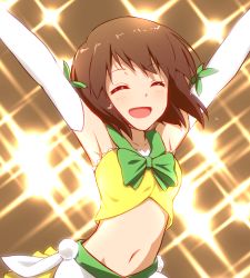 Rule 34 | 1girl, :d, ^ ^, armpits, arms up, backlighting, blush, bob cut, bow, bowtie, breasts, brown hair, closed eyes, elbow gloves, gloves, green bow, green bowtie, hagiwara yukiho, idol, idolmaster, idolmaster (classic), navel, ninnzinn, open mouth, short hair, small breasts, smile, solo, sweat, upper body, white gloves