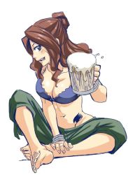 Rule 34 | 1girl, alcohol, barefoot, beer, breasts, brown eyes, brown hair, cana alberona, cleavage, fairy tail, feet, female focus, large breasts, long hair, mashima hiro, official art, simple background, smile, soles, solo, tattoo, toes