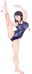 Rule 34 | 1girl, armpits, artist request, black hair, blue one-piece swimsuit, blush, breasts, breasts apart, embarrassed, feet, glasses, highres, houkago teibou nisshi, long hair, one-piece swimsuit, oono makoto, opaque glasses, simple background, skin tight, solo, standing, standing on one leg, swept bangs, swimsuit, toes, white background