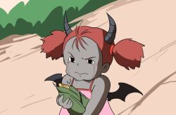 Rule 34 | 1girl, angry, blush, colored skin, commentary, corn, crying, crying with eyes open, demon girl, demon horns, demon wings, dress, eiri (eirri), flat color, food, frown, grey horns, grey skin, hairband, horns, kusakabe mei, low wings, official style, pink dress, red hair, red hairband, retro artstyle, short twintails, sleeveless, sleeveless dress, teardrop, tearing up, tears, tonari no totoro, twintails, vegetable, wings