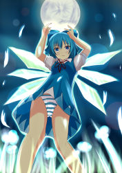 Rule 34 | 1girl, bad id, bad pixiv id, blue eyes, blue hair, cirno, dress, female focus, hair ribbon, highres, matching hair/eyes, moon, night, night sky, outdoors, panties, ribbon, sky, solo, ss (curry 310), striped clothes, striped panties, touhou, underwear, wings