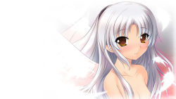 Rule 34 | 10s, 1girl, angel beats!, female focus, gradient background, highres, long hair, nude, saxasa kisuk, silver hair, solo, tenshi (angel beats!), wallpaper, white background, wings, yellow eyes