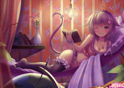 Rule 34 | 1girl, ;), animal ears, bed sheet, black thighhighs, blush, book, bookshelf, bow, bra, breasts, cat ears, cat tail, cleavage, crop top, curtains, flower, frilled panties, frilled thighhighs, frills, globe, grin, hair bow, hair ornament, hairband, hammock, heart, heart hair ornament, holding, holding book, jewelry, lamp, light particles, looking at viewer, lying, nail polish, navel, necklace, no shoes, on side, one eye closed, open book, original, panties, pendant, pillow, pink hair, pink nails, ribbon, short hair, short hair with long locks, slit pupils, smile, solo, sonikey0 0, tail, tank top, thighhighs, underwear, underwear only, vase, yellow eyes