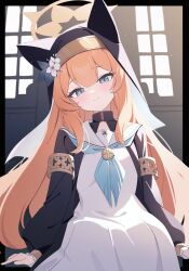 Rule 34 | 1girl, absurdres, animal ear headwear, blue archive, blue eyes, closed mouth, fake animal ears, flower, halo, highres, long hair, long sleeves, looking at viewer, mari (blue archive), nonddu, nun, orange hair, smile, solo, white flower, yellow halo