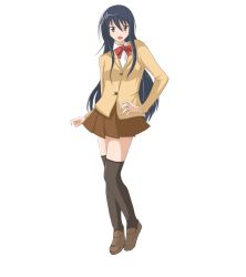 Rule 34 | 1girl, amakusa shino, black hair, female focus, full body, grey eyes, hand on own hip, highres, hip focus, long hair, open mouth, school uniform, seitokai yakuindomo, shoes, simple background, smile, solo, thighhighs, white background