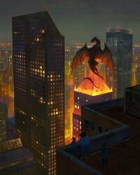 Rule 34 | 1other, 2girls, building, city, city lights, cityscape, clear sky, commentary, devin elle kurtz, dragon, english commentary, highres, multiple girls, night, night sky, on roof, on rooftop, original, outdoors, scenery, signature, sky, standing, tail, tail wrap, western dragon, wide shot, wings