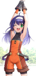 Rule 34 | 1girl, ahoge, armpits, arms up, blue hair, breasts, fire emblem, fire emblem: path of radiance, fire emblem: radiant dawn, fire emblem heroes, flat chest, gloves, gonzarez, green eyes, grin, headband, highres, long hair, looking at viewer, medium hair, mia (fire emblem), nintendo, one eye closed, open mouth, simple background, small breasts, smile, white background, white headband, aged down