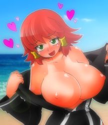 Rule 34 | 1girl, ato (bfj315), bare shoulders, beach, blush, breasts, female focus, green eyes, hair ornament, hair tubes, heart, highres, huge breasts, nipples, no bra, ocean, open clothes, open mouth, outdoors, quiz magic academy, red hair, ruquia, solo, summer, tan, tanline, undressing