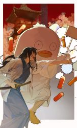 Rule 34 | &gt;:), 1boy, 1other, :d, architecture, arm up, bird, black hair, blank speech bubble, board, east asian architecture, elizabeth (gintama), food, from side, gba dod, gintama, highres, japanese clothes, justaway, katsura kotarou, long hair, open mouth, pointing, sheath, sheathed, smile, speech bubble, sword, umaibou, v-shaped eyebrows, weapon