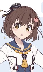 Rule 34 | 1girl, adapted costume, blue sailor collar, brown eyes, brown hair, dress, flower, hair flower, hair ornament, kantai collection, looking at viewer, minosu, neckerchief, sailor collar, sailor dress, short hair, smokestack hair ornament, solo, yellow neckerchief, yukikaze (kancolle), yukikaze kai ni (kancolle)