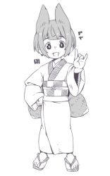 Rule 34 | 1girl, :d, animal ears, commentary request, fang, fox ears, fox girl, fox shadow puppet, fox tail, full body, greyscale, hand on own hip, japanese clothes, kimono, kitsune, kukuri (mawaru), long sleeves, looking at viewer, mawaru (mawaru), monochrome, obi, open mouth, original, sandals, sash, simple background, sleeves past wrists, smile, solo, standing, tail, translation request, white background, wide sleeves, zouri