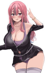 Rule 34 | 1girl, :p, absurdres, arm up, azur lane, black jacket, black skirt, breasts, bremerton (azur lane), bremerton (relaxation consultation) (azur lane), cleavage, clothing cutout, collarbone, cowboy shot, hair between eyes, highres, jacket, large breasts, mole, mole on breast, mole under eye, multicolored hair, navel cutout, off shoulder, official alternate costume, panties, pink eyes, pink hair, purple panties, shirotsupu, skirt, streaked hair, thighhighs, thighs, tongue, tongue out, underwear, v, white background, zettai ryouiki