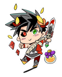 Rule 34 | 1boy, :&gt;, ancient greek clothes, black hair, black sclera, bottle, chibi, colored sclera, greco-roman clothes, green eyes, hades (series), hades 1, heterochromia, ing0123, laurel crown, male focus, mismatched sclera, red eyes, skull, smile, sword, weapon, zagreus (hades)