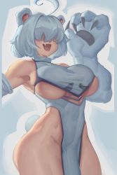 Rule 34 | 1girl, absurdres, ahoge, animal ears, animal hands, bare shoulders, boyu, claws, covered erect nipples, fang, grey hair, grey theme, hair over eyes, highres, open mouth, original, rabbit tail, short hair, skindentation, solo, tail, turtleneck