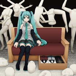 Rule 34 | 1girl, album cover, aqua eyes, aqua hair, couch, cover, detached sleeves, hatsune miku, headphones, long hair, mannequin, microphone, necktie, sitting, skirt, smile, solo, thighhighs, twintails, very long hair, vocaloid, yajirushi (chanoma)