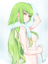 Rule 34 | 1girl, arm up, breasts, butt crack, c.c., closed mouth, code geass, drying, drying hair, from side, highres, holding, holding towel, long hair, looking to the side, medium breasts, noppo, nude, sideboob, solo, towel, towel around neck, wet, wet hair, yellow eyes