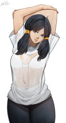 Rule 34 | 1girl, absurdres, arms on head, arms up, black hair, blue eyes, bra, bra visible through clothes, breasts, cleavage, dragon ball, dragonball z, gelldraws, highres, leggings, looking at viewer, medium breasts, see-through, see-through shirt, shirt, solo, stretching, twintails, underwear, videl, white background, white bra, white shirt