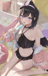 Rule 34 | 1girl, absurdres, bikini, black bikini, black hair, black wings, blue archive, blush, breasts, can, food, hair between eyes, halo, highres, holding, holding food, jacket, looking at viewer, mashiro (blue archive), pink jacket, popsicle, purple eyes, renge (730), short hair, sitting, small breasts, solo, swimsuit, tongue, tongue out, wings