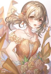 Rule 34 | 1girl, :d, azusawa kohane, bare shoulders, blurry, blush, bouquet, brown eyes, brown hair, commentary, cowboy shot, crossed bangs, dress, earrings, flower, hair between eyes, hair flower, hair ornament, highres, holding, holding bouquet, jewelry, looking at viewer, necklace, open mouth, orange dress, por ( por tt), project sekai, rose, signature, smile, solo, symbol-only commentary