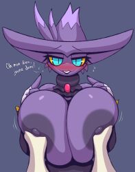 Rule 34 | 1girl, blue eyes, blush, breasts, colored sclera, colored skin, creatures (company), female focus, fingerless gloves, french text, furry, furry female, game freak, gen 4 pokemon, gloves, grabbing, grabbing another&#039;s breast, hat, highres, huge breasts, looking at viewer, mismagius, nail polish, nintendo, personification, pokemon, purple skin, r-mk, simple background, text focus, topless, translated, witch hat, yellow sclera