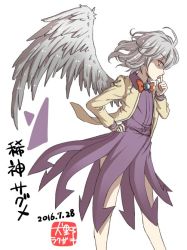 Rule 34 | 1girl, character name, covering own mouth, dated, feathered wings, hand on own hip, inuno rakugaki, jacket, kishin sagume, open clothes, open jacket, red eyes, single wing, solo, touhou, white background, white hair, white wings, wings