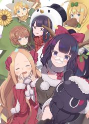Rule 34 | 1boy, 5girls, :d, abigail williams (fate), ahoge, animal, artoria pendragon (fate), bell, blonde hair, blue eyes, blush, boned meat, bow, braid, brown hair, christmas tree costume, closed eyes, commentary request, crown braid, crying, dress, eating, facing viewer, fake facial hair, fake mustache, fate/grand order, fate/requiem, fate (series), flower, food, forehead, fur-trimmed headwear, fur-trimmed sleeves, fur trim, green bow, green shirt, grey eyes, grin, hair bell, hair bow, hair ornament, hair rings, hands up, hat, highres, jingle bell, katsushika hokusai (fate), katsushika hokusai (swimsuit saber) (fate), long hair, long sleeves, looking at viewer, meat, multiple girls, mysterious heroine x (fate), mysterious heroine xx (fate), octopus, open mouth, outstretched arms, parted bangs, purple eyes, purple hair, red dress, red headwear, santa costume, santa hat, shirt, short sleeves, sleeves past wrists, smile, snowman costume, sunflower, tears, tokitarou (fate), totatokeke, van gogh (fate), very long hair, voyager (fate), white background, yang guifei (fate), yellow flower
