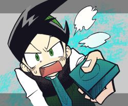 Rule 34 | 1boy, puff of air, arm up, black hair, blue necktie, blush, constricted pupils, controller, creatures (company), dutch angle, game freak, green eyes, green hair, green vest, holding, holding remote control, looking at viewer, lowres, male focus, minashirazu, multicolored hair, necktie, nervous, nintendo, open mouth, outstretched arm, pokemon, pokemon dppt, remote control, shirt, short hair, solo, straight-on, sweat, teeth, thorton (pokemon), two-tone hair, upper body, v-shaped eyebrows, vest, white shirt