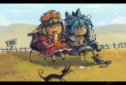Rule 34 | 2girls, animal, bench, black cat, blue bow, blue hair, bow, cat, closed mouth, commentary request, day, dress, food, green hair, hair bow, hair ribbon, ice cream, ice cream cone, kagiyama hina, koto inari, letterboxed, licking, long hair, multiple girls, outdoors, red dress, red ribbon, ribbon, sign, sitting, star (symbol), stuffed animal, stuffed cat, stuffed toy, touhou, very long hair, yorigami shion