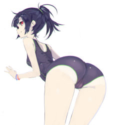 Rule 34 | 1girl, ahoge, ass, back, bad id, bad pixiv id, black hair, black one-piece swimsuit, blunt bangs, bracelet, breasts, cameltoe, competition swimsuit, cowboy shot, fenrirr, from behind, high ponytail, jewelry, leaning forward, light smile, long hair, looking at viewer, looking back, mole, mole under eye, one-piece swimsuit, one-piece tan, original, ponytail, red eyes, scrunchie, short hair, short ponytail, small breasts, smile, solo, swimsuit, tan, tanline