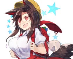 Rule 34 | 1girl, alternate costume, animal ears, backpack, bad id, bad twitter id, bag, black hair, blush, breasts, collared shirt, hat, imaizumi kagerou, large breasts, long hair, looking at viewer, nose blush, open mouth, puffy short sleeves, puffy sleeves, randoseru, red eyes, school uniform, shirt, short sleeves, skirt, solo, star (symbol), suminagashi, suspender skirt, suspenders, tail, touhou, white shirt, wolf ears, wolf tail
