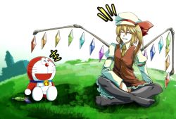 Rule 34 | 1boy, 1girl, :d, ^^^, ^ ^, adapted costume, arm garter, bell, black pantyhose, blonde hair, closed eyes, crossover, crystal, day, doraemon, flandre scarlet, frilled skirt, frills, full body, grass, grin, hat, indian style, jingle bell, juliet sleeves, laughing, long sleeves, manekinekoppoi inu, mini dora, mob cap, necktie, open mouth, outdoors, pantyhose, puffy sleeves, red ribbon, red skirt, red vest, ribbon, scarlet devil mansion, side ponytail, sitting, skirt, skirt set, smile, thighhighs, touhou, vest, whiskers, wings, yellow necktie