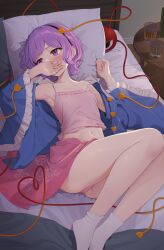 Rule 34 | 1girl, armpits, averting eyes, bare legs, bed, blue shirt, blush, camisole, collarbone, commentary, covering own mouth, crop top, cup, flat chest, floral print, heart, heart of string, highres, indoors, kanpa (campagne 9), knees up, komeiji satori, looking to the side, lying, navel, on back, panties, pantyshot, pink camisole, pink panties, pink skirt, purple eyes, purple hair, shirt, short hair, skirt, socks, solo, stomach, third eye, touhou, underwear, white socks, wide sleeves