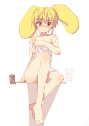 Rule 34 | 1girl, barefoot, blush, breasts, covering privates, feet, medium breasts, nude, nude cover, solo, towel, tsukigami runa, twintails
