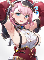 Rule 34 | 1girl, armpits, arms up, bare shoulders, blush, breasts, charlotte (genshin impact), detached sleeves, genshin impact, gloves, gold trim bow, green eyes, hat, hat feather, highres, long sleeves, looking at viewer, medium breasts, medium hair, monocle, open mouth, pink hair, pov, pov hands, red headwear, shirt, sleeveless, solo focus, sweatdrop, tomas (kaosu22), white background, white gloves