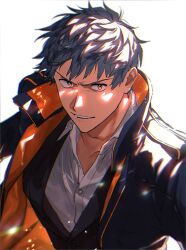 Rule 34 | 1boy, black coat, blue hair, blue jacket, coat, commentary request, fate/grand order, fate (series), furrowed brow, highres, jacket, light particles, looking at viewer, male focus, orange eyes, saitou hajime (fate), shirt, smile, uni (nico02), upper body, white background, white shirt