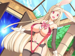 Rule 34 | 1girl, :d, animal ears, areola slip, bad id, bad pixiv id, bare shoulders, between breasts, bikini, black thighhighs, blonde hair, blue sky, bow, bowtie, breasts, brick wall, brooch, cameltoe, cloud, covered erect nipples, cowboy shot, crescent, curvy, day, door, dutch angle, elbow gloves, fur trim, garter belt, garter straps, gloves, glowing, groin, jajala, jewelry, large breasts, lingerie, long hair, navel, open door, open mouth, original, outstretched hand, pillar, pink eyes, rabbit ears, red bikini, red eyes, revealing clothes, sky, slingshot swimsuit, smile, solo, standing, strap gap, swimsuit, thighhighs, tree, underwear, very long hair, white gloves, wide hips, window