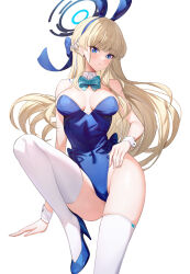 Rule 34 | 1girl, bare shoulders, black thighhighs, blonde hair, blue archive, blue bow, blue eyes, blue footwear, blue hair, blue leotard, bow, braid, breasts, closed mouth, collar, commentary request, covered navel, detached collar, earrings, floating hair, groin, high heels, highres, jewelry, leotard, long hair, looking at viewer, medium breasts, multicolored hair, ririko (zhuoyandesailaer), shoes, simple background, skindentation, solo, strapless, strapless leotard, streaked hair, stud earrings, thighhighs, toki (blue archive), toki (bunny) (blue archive), very long hair, white background, white collar, wing collar, wrist cuffs