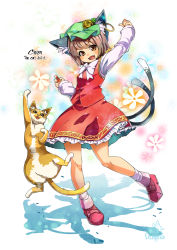 Rule 34 | 1girl, animal ears, arm up, bow, brown eyes, brown hair, cat, cat ears, cat tail, character name, chen, ear piercing, earrings, english text, fang, hat, jewelry, long sleeves, looking at viewer, mob cap, multiple tails, nekomata, open mouth, piercing, shirt, single earring, skirt, skirt set, smile, tail, touhou, umigarasu (kitsune1963), vest