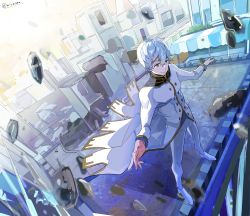 Rule 34 | 1boy, bad id, bad pixiv id, cityscape, curly hair, formal, from above, highres, mirayskw, outstretched arms, re:zero kara hajimeru isekai seikatsu, regulus corneas, rubble, smile, solo, standing, suit, white hair, white suit, yellow eyes